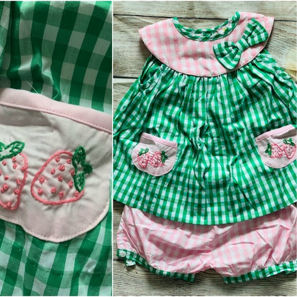 Gingham Embroidered Strawberry Bubble Shorts Set - Picture 2 of 3